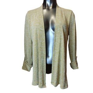 CHARTER CLUB Women 8 White Tan Marled Knit Long Rolled Sleeve Open Front Sweater